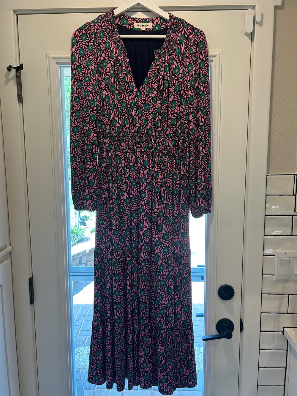 Boden Smocked Jersey Pink‎ and Teal Floral Maxi Tiered Boho Prairie Dress Size 8